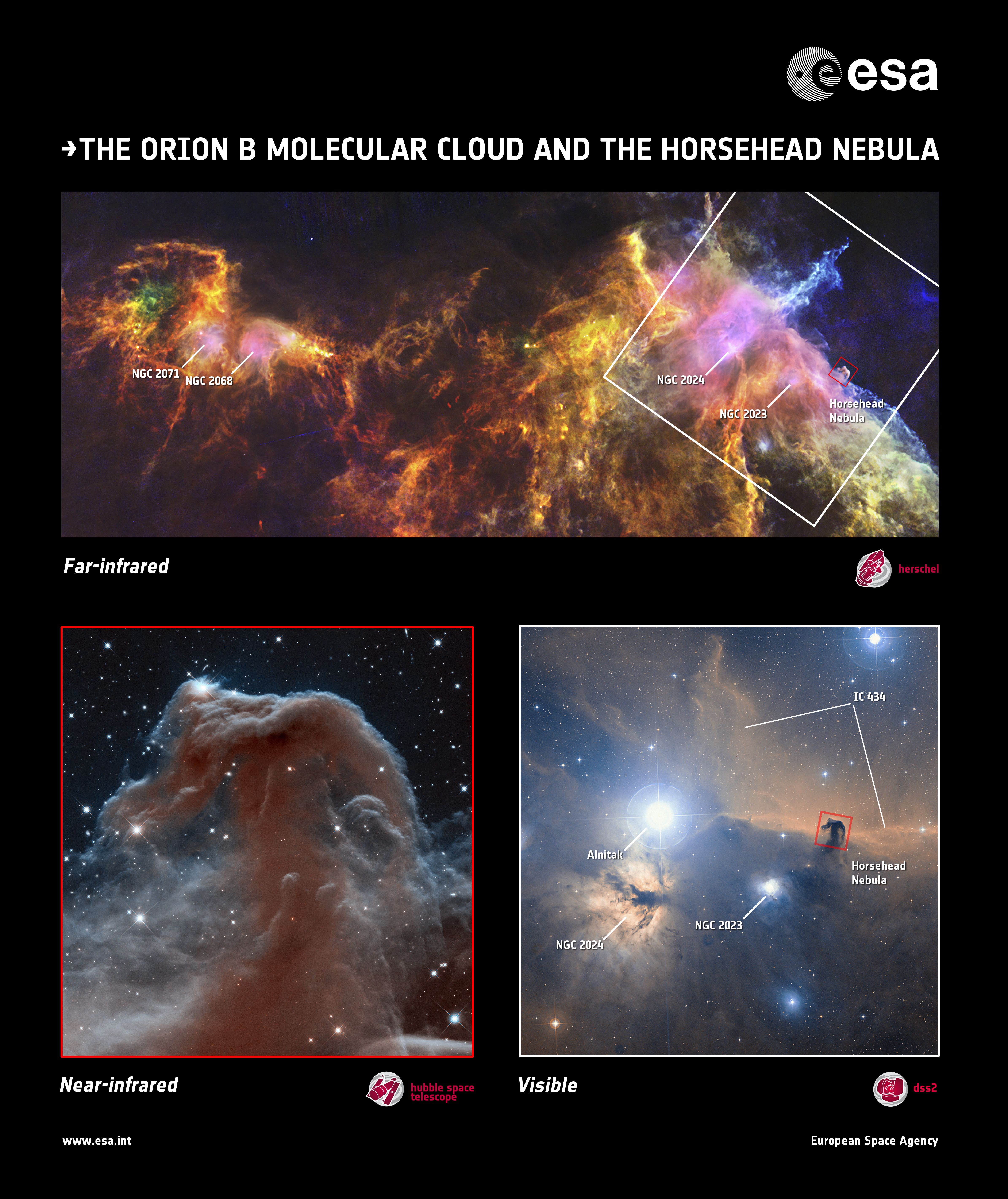 La Tête de Cheval vue par Herschel et Hubble