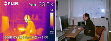 À GAUCHE - Image infrarouge d’une scène quotidienne de travail. À DROITE - La même scène photographiée dans le visible. Crédit : CEA