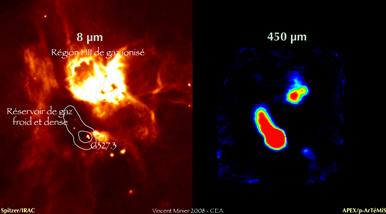 G327.3-0.3, une région où se forment des étoiles massives dans la Voie Lactée à 6000 années lumière de la Terre. Crédits : V. Minier SAp/CEA